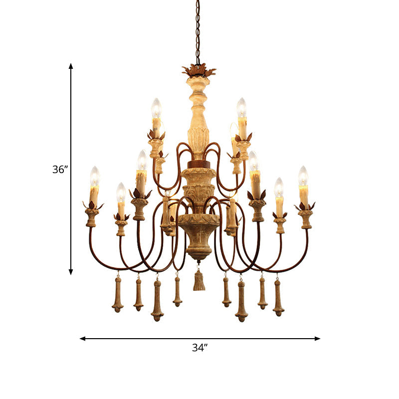 Country Distressed Wood Pendant Chandelier with Scrolled Arm - Living Room Hanging Light Kit