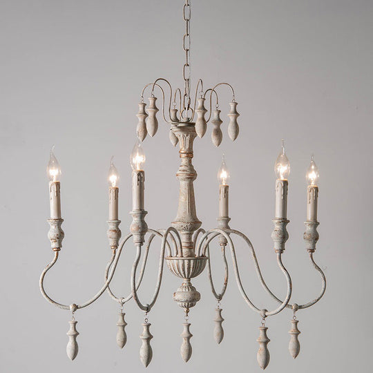 Country Distressed White Wood Chandelier Lighting - 6 Heads, Swooping Arm, Ceiling-Hung