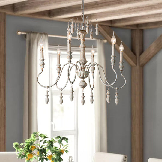 Country Distressed White Wood Chandelier Lighting - 6 Heads, Swooping Arm, Ceiling-Hung