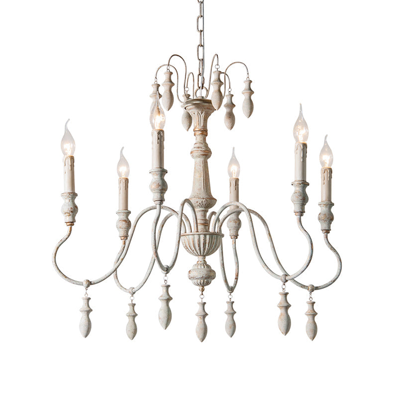 Country Distressed White Wood Chandelier Lighting - 6 Heads, Swooping Arm, Ceiling-Hung