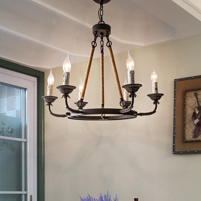 Retro Rustic Candelabra Chandelier with Hemp Rope Cord - Perfect for Living Room Pendant Lighting