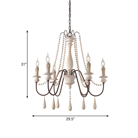Rustic Wood Chandelier with 6 Bulbs and Bead Strand - Rural Candle Pendulum Light in White