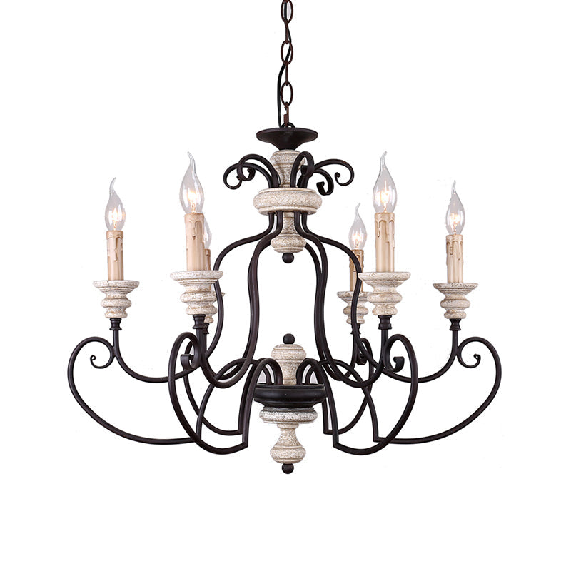 Country Rustic Metal Chandelier with 6 Candle-Style Lights - Scrolled Arms and Ceiling Suspension