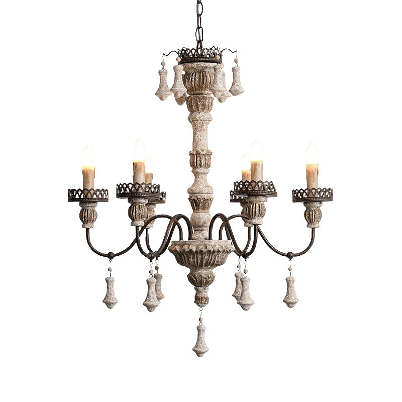 Classic Metal Curvy Arm Chandelier with 6 Bulbs - Distressed Wood Pendant Lamp for Living Room