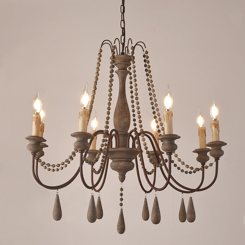 Countryside Distressed Wood Hanging Chandelier with Bead Strand, Candelabra Design