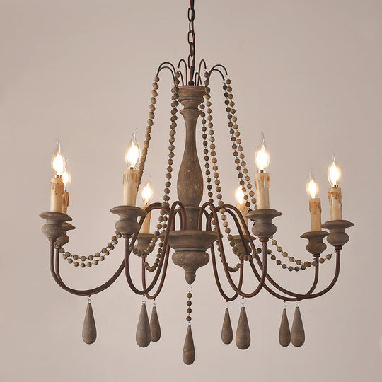 Countryside Distressed Wood Hanging Chandelier with Bead Strand, Candelabra Design