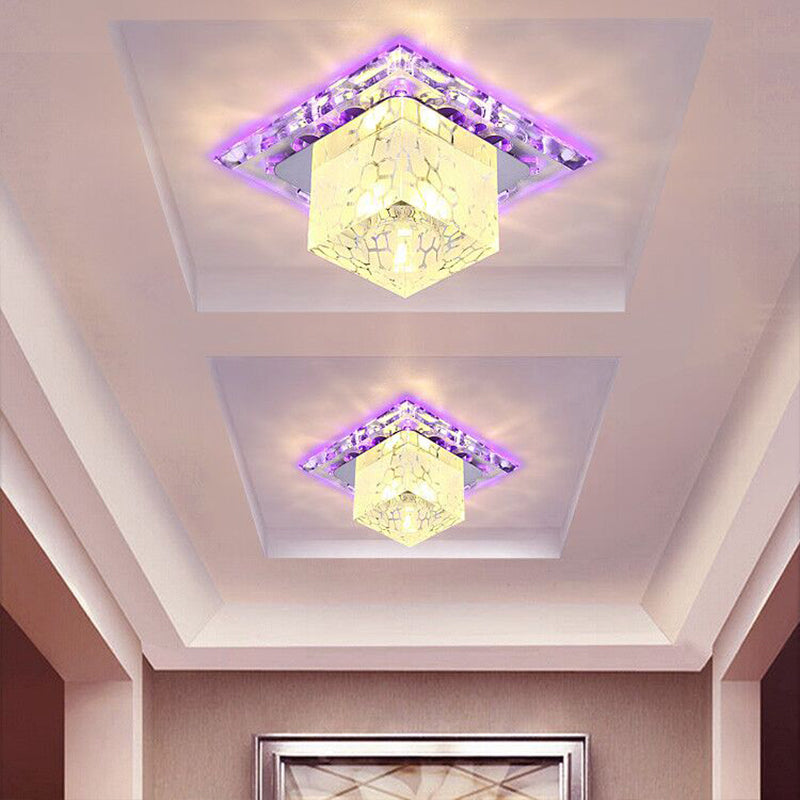 Contemporary Crystal LED Chrome Flush Mount Ceiling Lamp - Cubic Shape, Ideal for Corridor