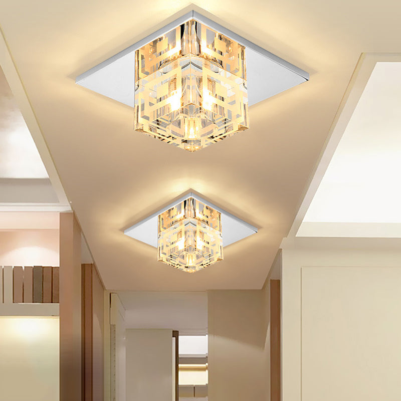 Crystal Square LED Ceiling Light in Chrome for Hallway