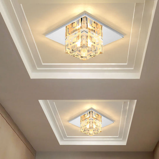 Crystal Square LED Ceiling Light in Chrome for Hallway
