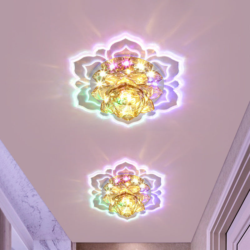Contemporary LED Crystal Lotus Flush Light Fixture - Chrome Ceiling Lamp