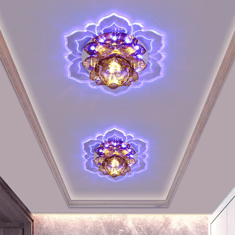 Contemporary LED Crystal Lotus Flush Light Fixture - Chrome Ceiling Lamp