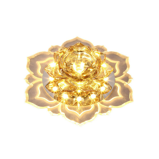 Contemporary LED Crystal Lotus Flush Light Fixture - Chrome Ceiling Lamp