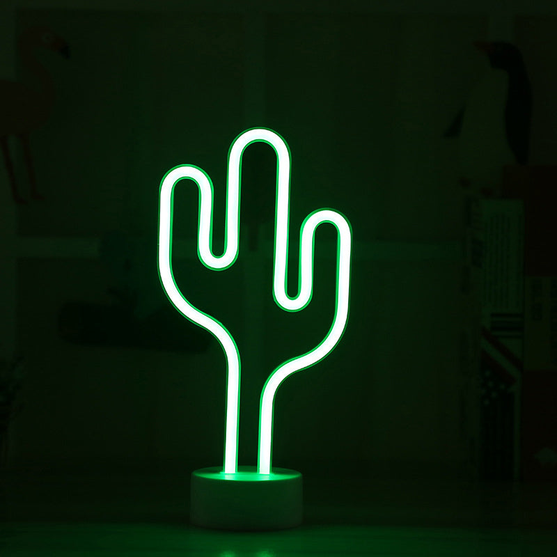 Contemporary Battery Operated LED Cactus Nightstand Lamp - White Plastic Table Lighting