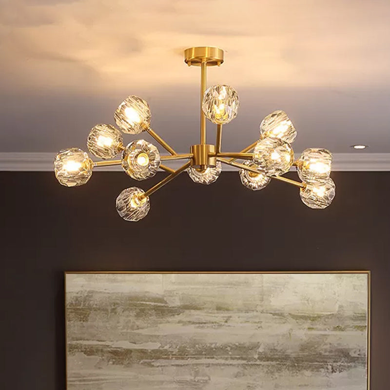 Postmodern Brass Branch Chandelier - 12/15/18-Light Crystal Ball Drop - Dining Room Ceiling Lamp
