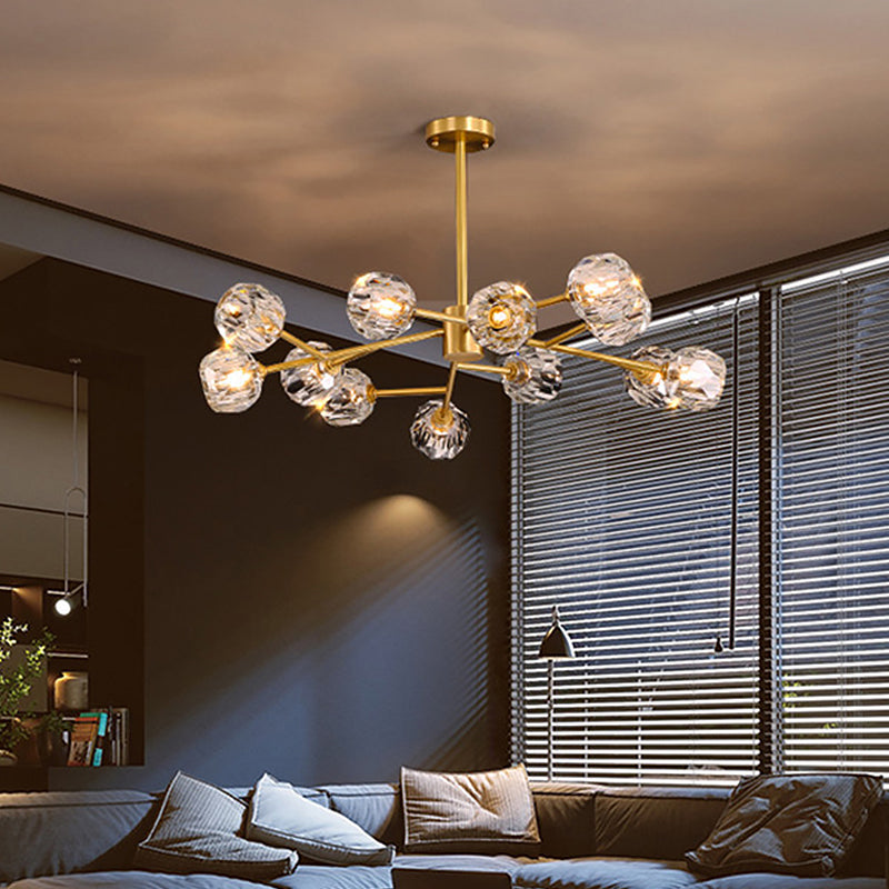 Postmodern Brass Branch Chandelier - 12/15/18-Light Crystal Ball Drop - Dining Room Ceiling Lamp