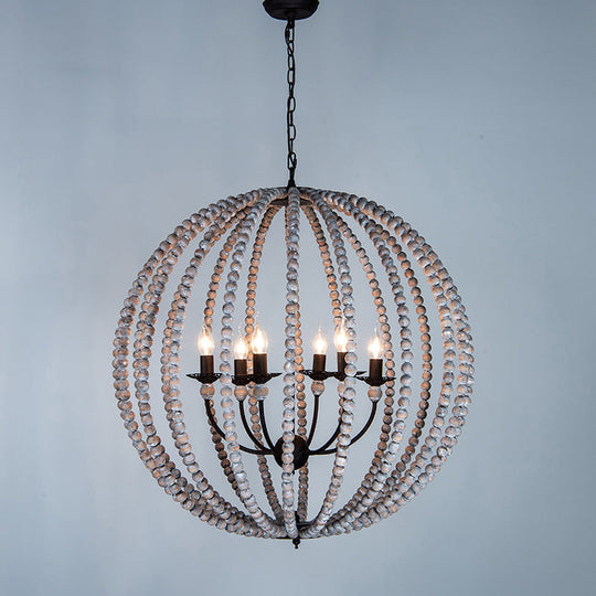 Traditional Wood Beaded Sphere Pendant Chandelier with Inner Candelabra Design