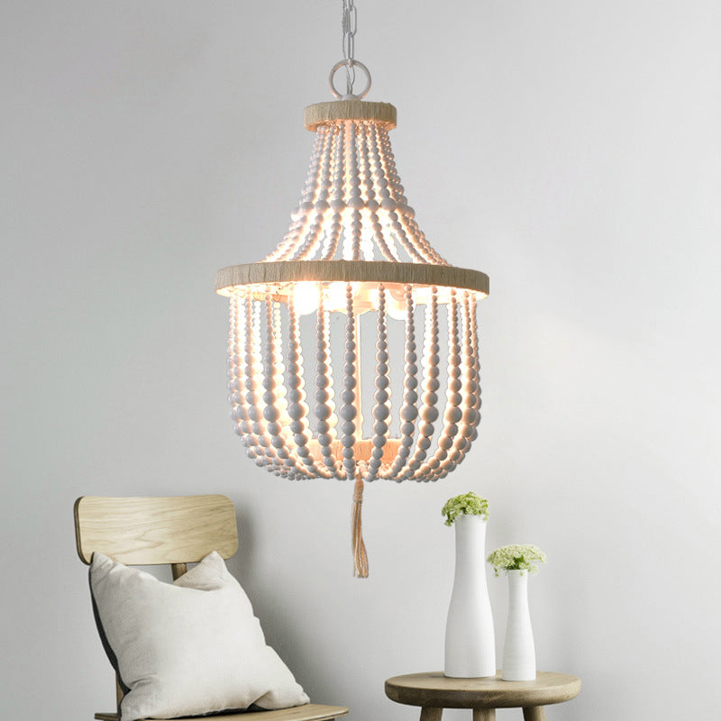 Rustic 2-Head Wood Pendant Chandelier: Handcrafted Beaded Basket Lamp for Restaurants