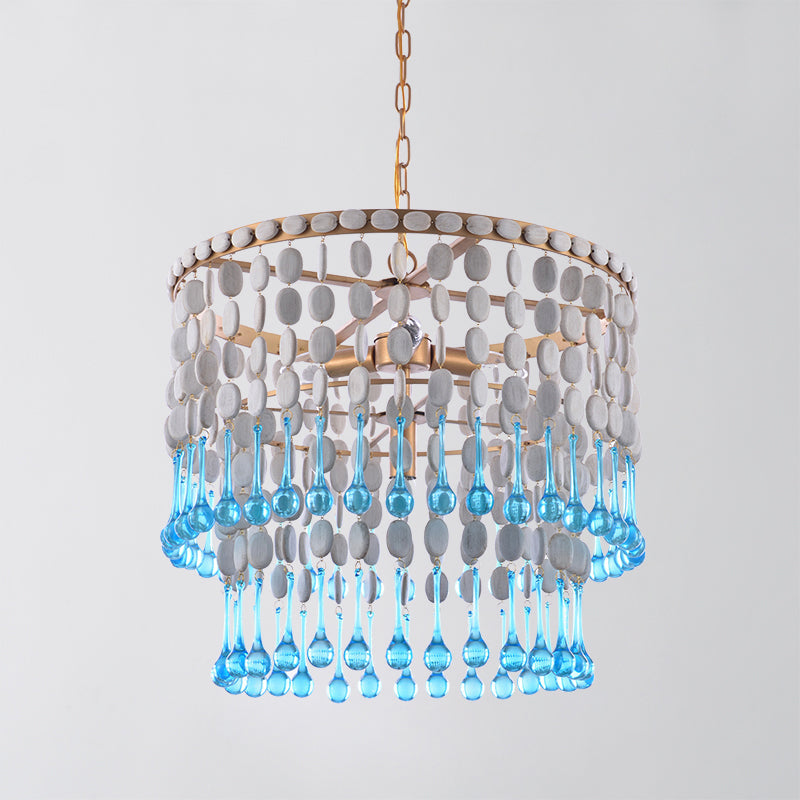 Rustic Wood Cascading Chandelier with 4 Bulbs - Ideal for Living Room