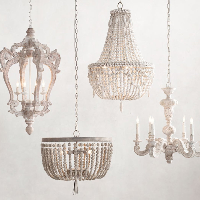 Distressed White Wood Hanging Chandelier for Classic Living Rooms - Caged Suspension Pendant Light