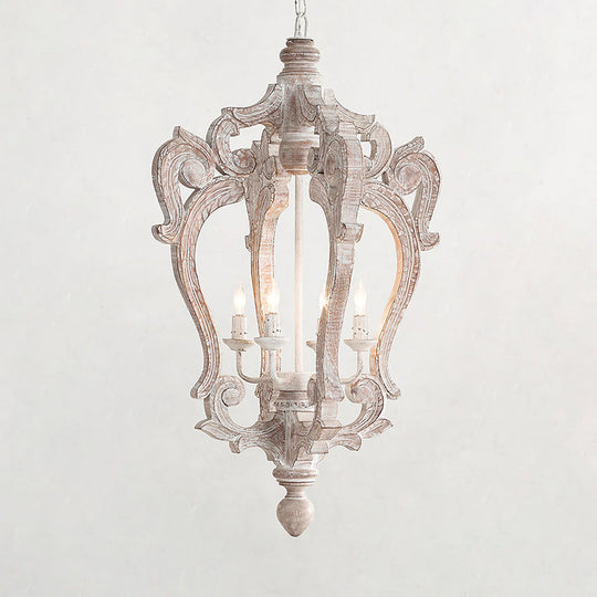 Distressed White Wood Hanging Chandelier for Classic Living Rooms - Caged Suspension Pendant Light