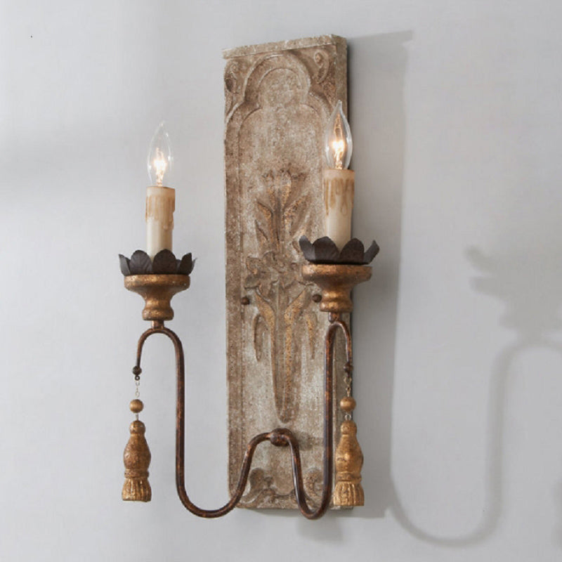 White Metal Wall Sconce with Wood Backplate and 2 Bulbs