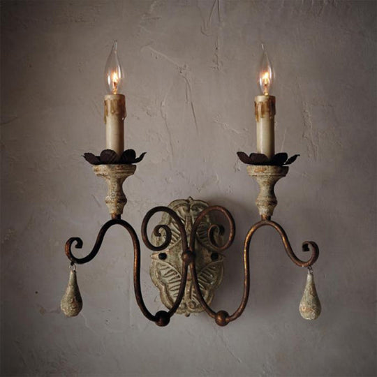 White Metal Wall Sconce with Wood Backplate and 2 Bulbs