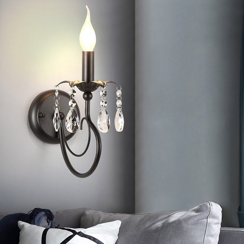 Black Metal Candelabra Wall Sconce with Crystal Accent and 1 Bulb