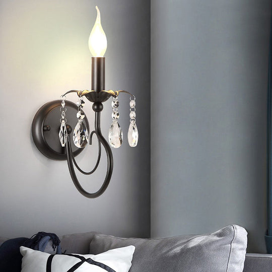 Black Metal Candelabra Wall Sconce with Crystal Accent and 1 Bulb