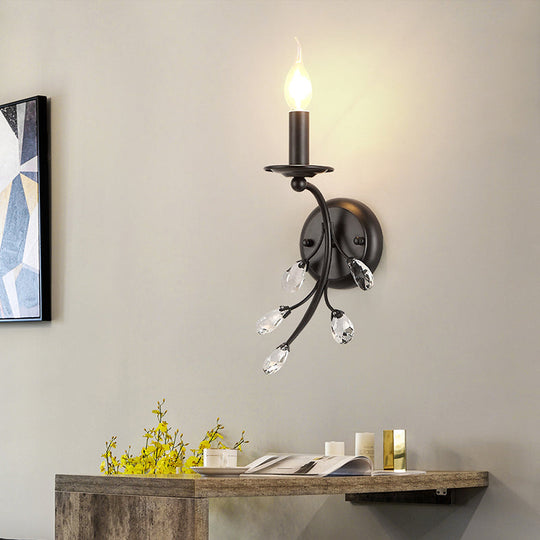 Black Metal Candelabra Wall Sconce with Crystal Accent and 1 Bulb