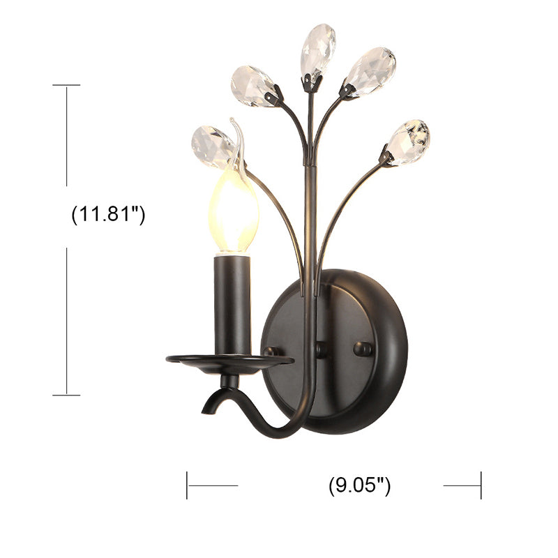 Black Metal Candelabra Wall Sconce with Crystal Accent and 1 Bulb