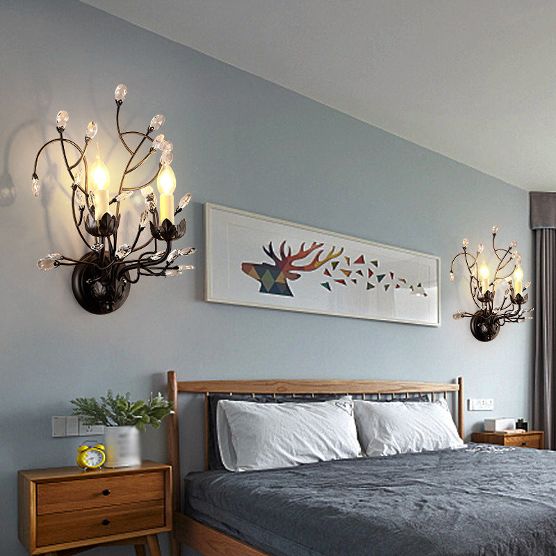 Metallic Wall Mounted Candle Sconce with Crystal Accent - 2 Head Black Lighting Fixture