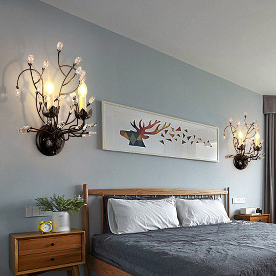 Metallic Wall Mounted Candle Sconce with Crystal Accent - 2 Head Black Lighting Fixture