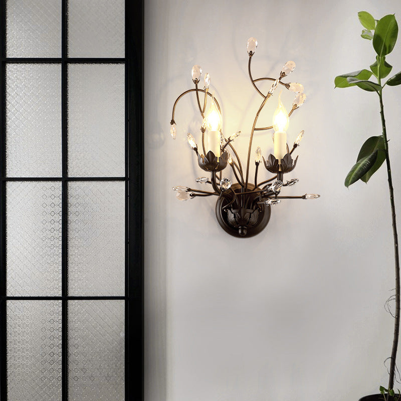 Metallic Wall Mounted Candle Sconce with Crystal Accent - 2 Head Black Lighting Fixture