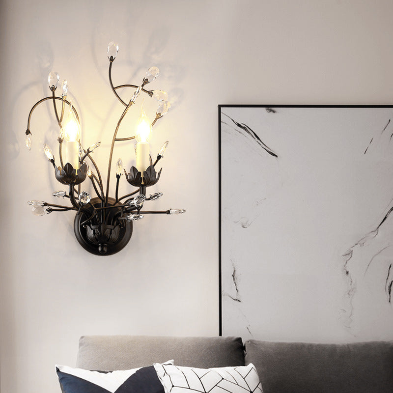Metallic Wall Mounted Candle Sconce with Crystal Accent - 2 Head Black Lighting Fixture