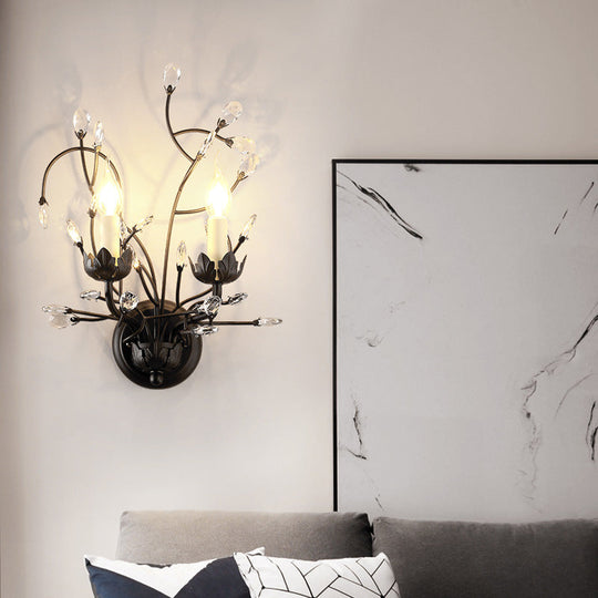 Metallic Wall Mounted Candle Sconce with Crystal Accent - 2 Head Black Lighting Fixture