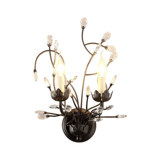Metallic Wall Mounted Candle Sconce with Crystal Accent - 2 Head Black Lighting Fixture