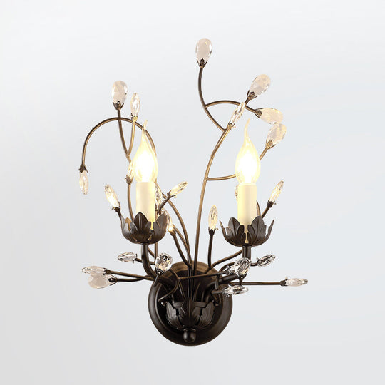 Metallic Wall Mounted Candle Sconce with Crystal Accent - 2 Head Black Lighting Fixture
