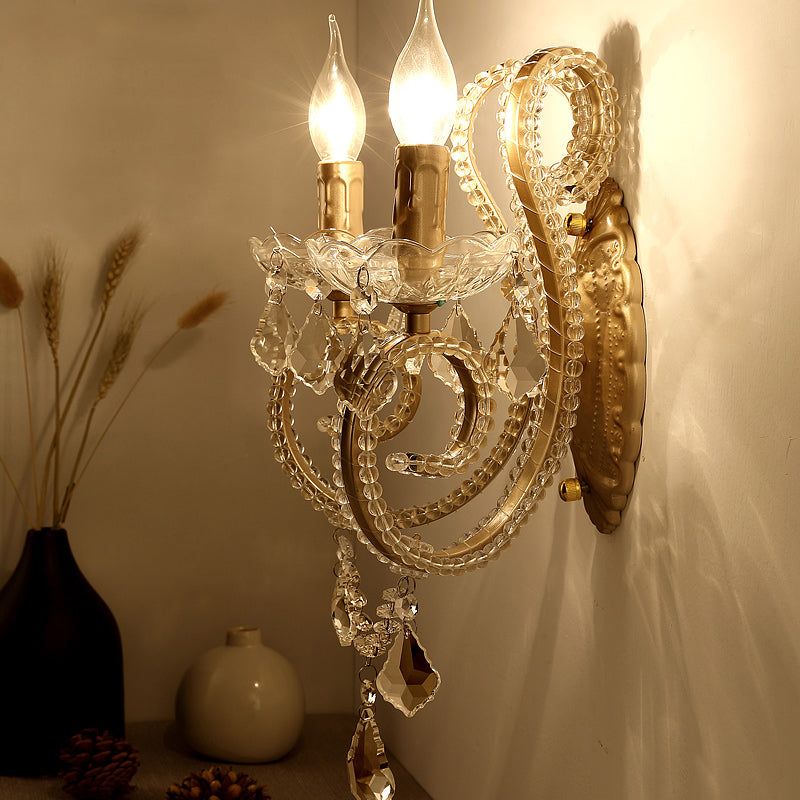 Brass Scrolled Arm Wall Lighting with Dropping Crystals - Traditional Metal Wall Mount Fixture