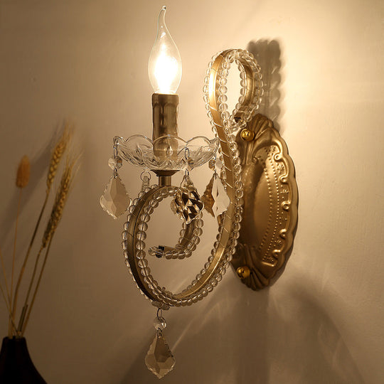 Brass Scrolled Arm Wall Lighting with Dropping Crystals - Traditional Metal Wall Mount Fixture