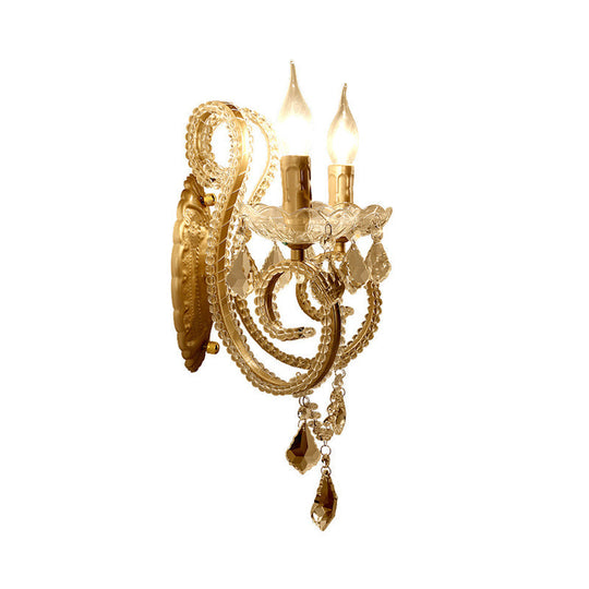 Brass Scrolled Arm Wall Lighting with Dropping Crystals - Traditional Metal Wall Mount Fixture