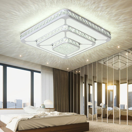 Modern LED Crystal Geometry Ceiling Lamp - White Flush Mount Light with 3-Tier Design