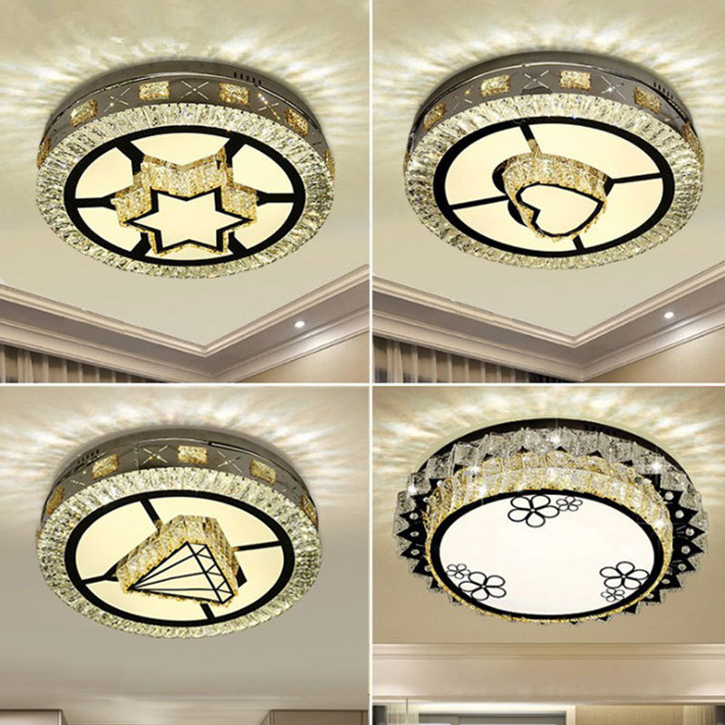 Modern Round Stainless Steel Flush Mount LED Ceiling Light with Clear Crystal