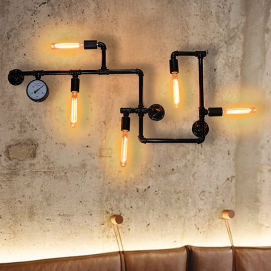 Industrial Iron Wall Sconce Lighting - Black Water Pipe Fixture for Restaurants