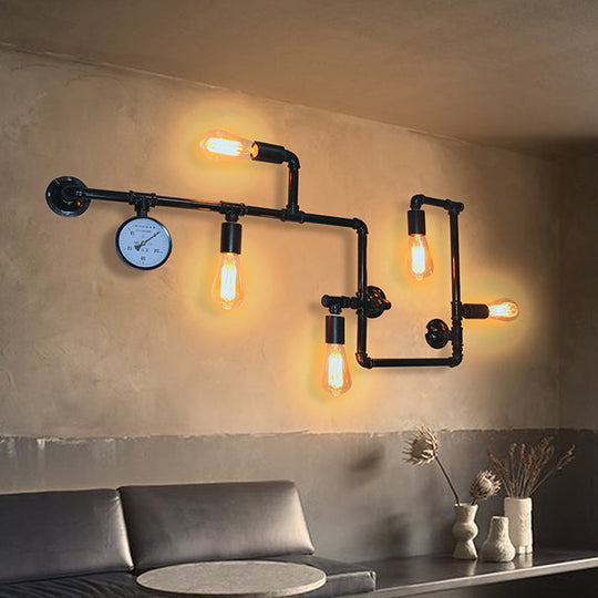 Industrial Iron Wall Sconce Lighting - Black Water Pipe Fixture for Restaurants