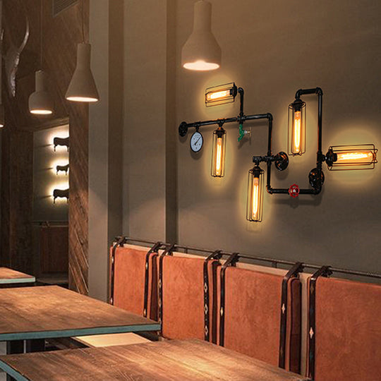 Industrial Iron Wall Sconce Lighting - Black Water Pipe Fixture for Restaurants