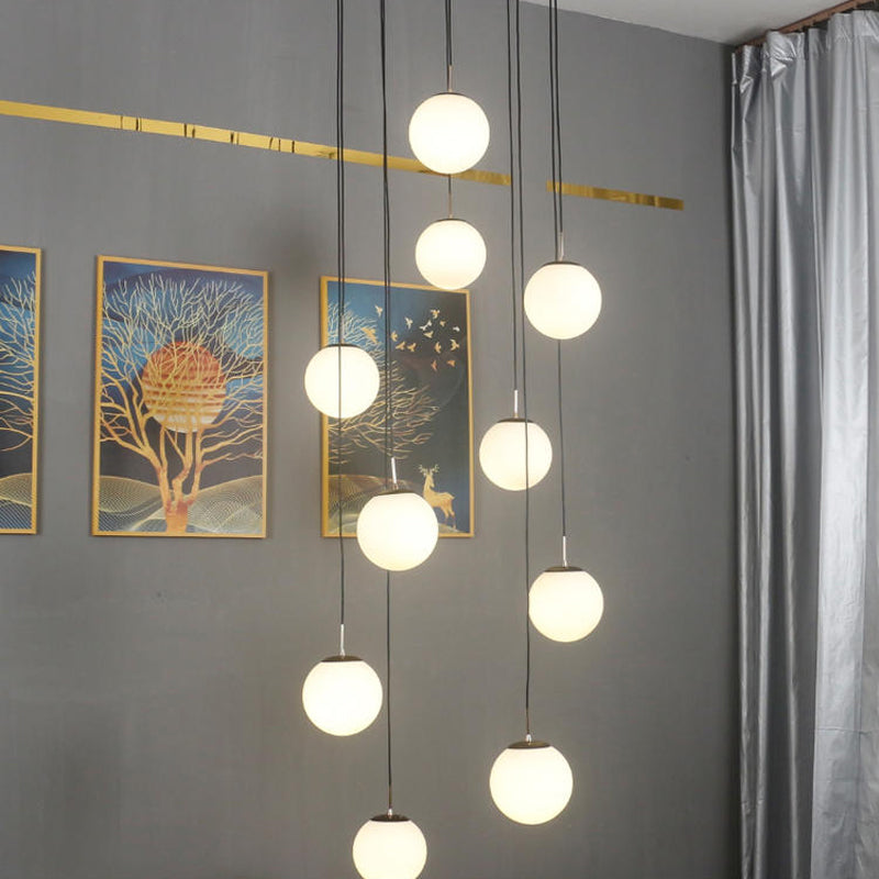 Modernist Cream Glass Ball Pendant Light with Black Suspension - 10 Heads - Living Room Lighting