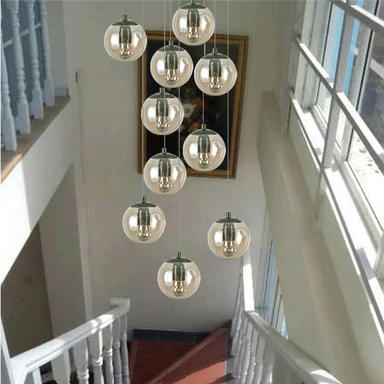 Cognac Glass Globe Cluster Pendant - 10-Light Ceiling Light for Stairs