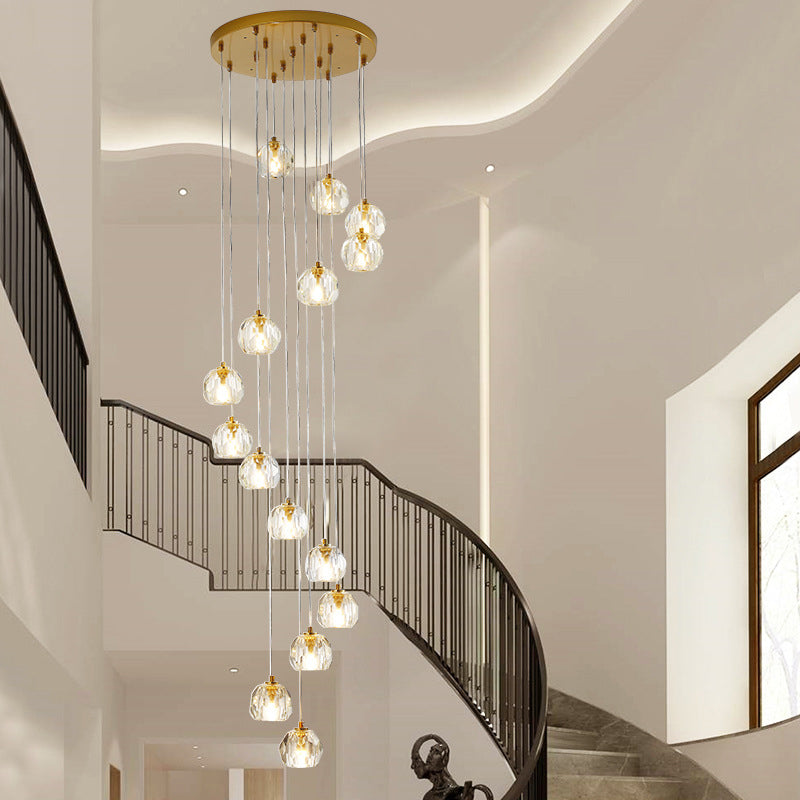 Clear Glass Multi Pendant Gold Pendulum Light with Spiral Design - Modern Stairway Lighting