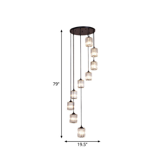 Modern Crystal Pendant Light for Stairs - Minimalist Black Cylinder Cluster Drop Lamp