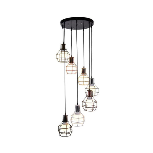 Black Metal 7-Light Pendant Chandelier with Globe Cages - Modern Stairs Ceiling Lamp